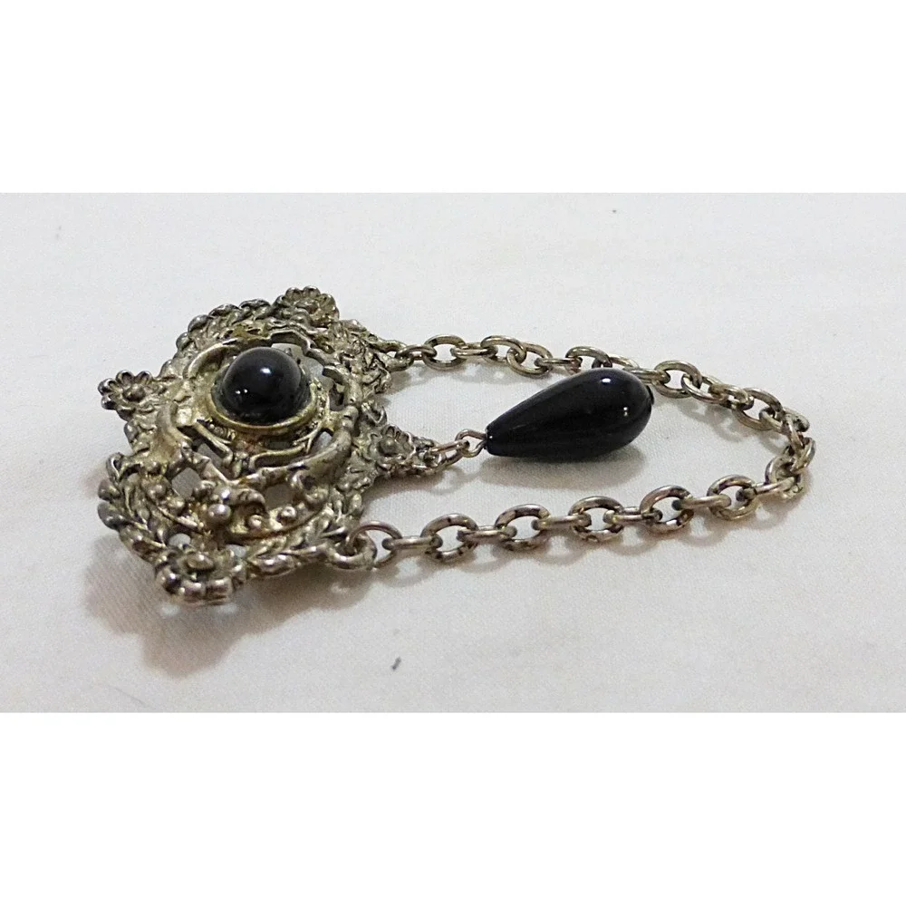 Vtg victorian style brooch pin with chain black stone metal florentine gold tone